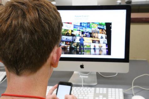 Yukon student watches the Apple September Event on his Mac during Apple TV+'s shoutout.