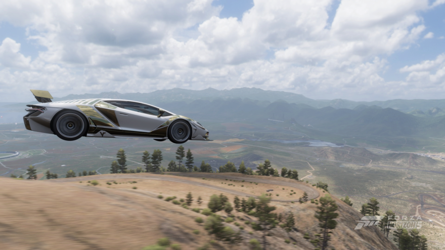 A 2016 Lamborghini Centenario soaring above the Forza Horizon 5 map.