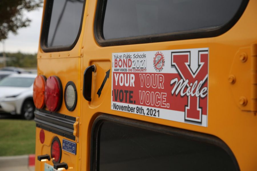 School bus advertises the district 2021 Bond to encourage the community to express their opinion and vote on Nov. 9th