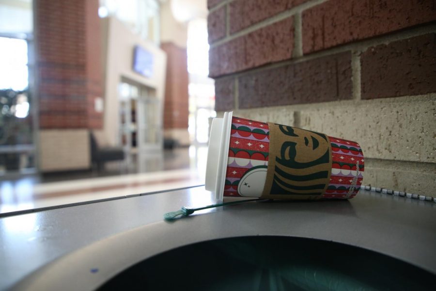 The pumpkin spice latte that came out on August 24th, sitting on a school trashcan, after a student was unimpressed with the drink.