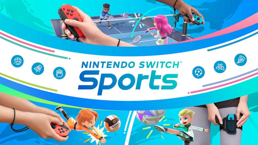 The official poster for Nintendo Switch Sports, showing all six available games: volleyball, badminton, bowling, soccer, chambara and tennis.