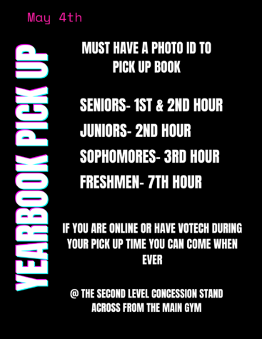 Yearbook pick-up day is this Thursday. Pick-up times are listed above.