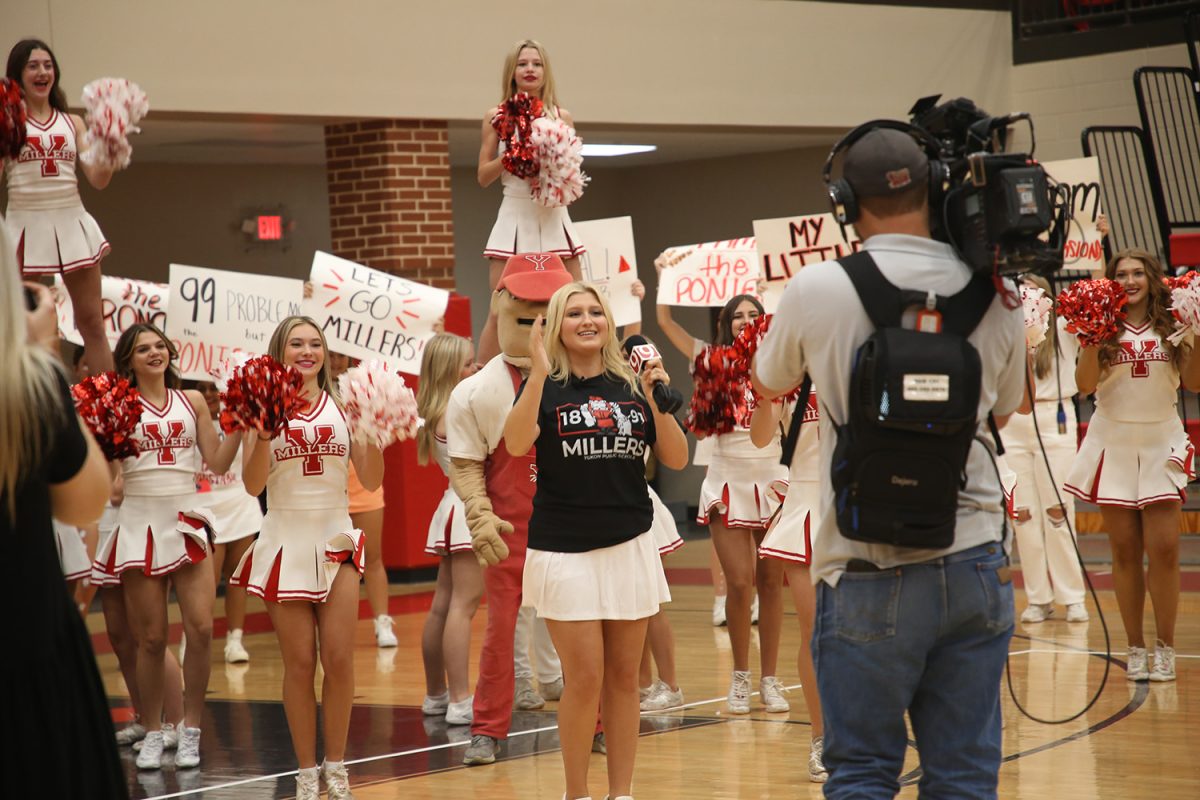 Getting ready for the annual bedlam game, News 9 records the football, pom and cheer teams to gather spirit. As they went around the room videoing our millers; members of the band played the fight song for background music for the channel.